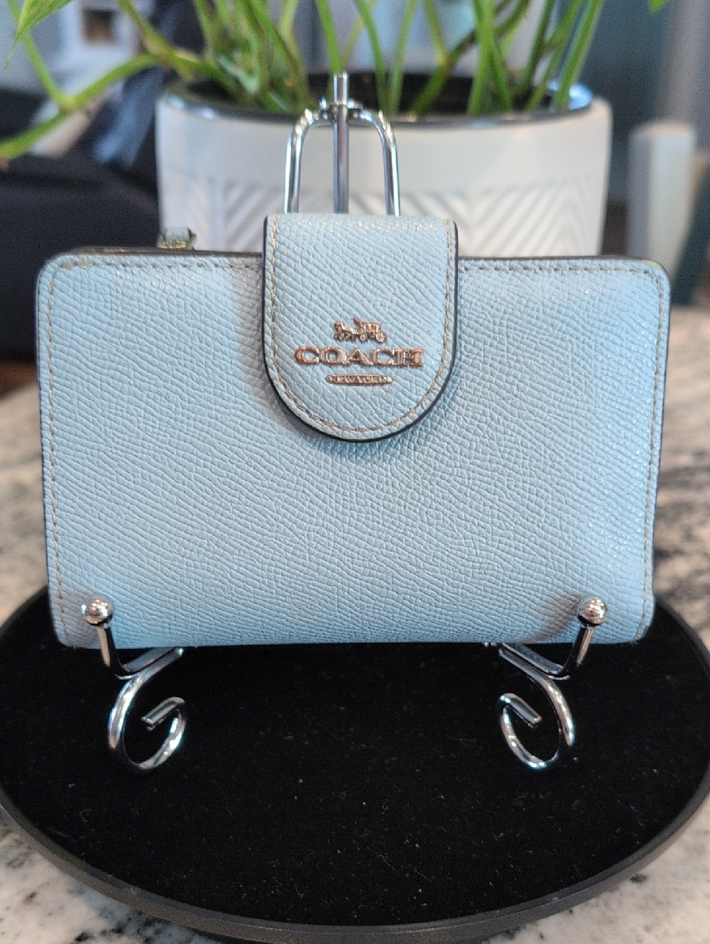 Coach Light Blue Saffiano Leather Compact Wallet with Silver Logo